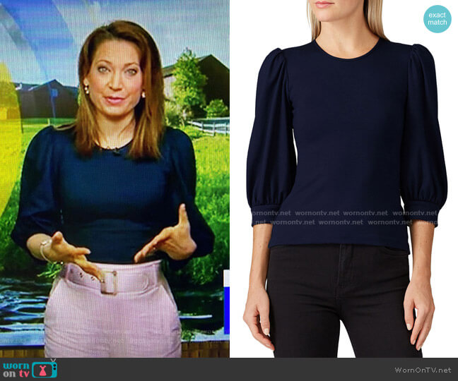 WornOnTV: Ginger’s navy puff sleeve top and pink belted pants on Good ...