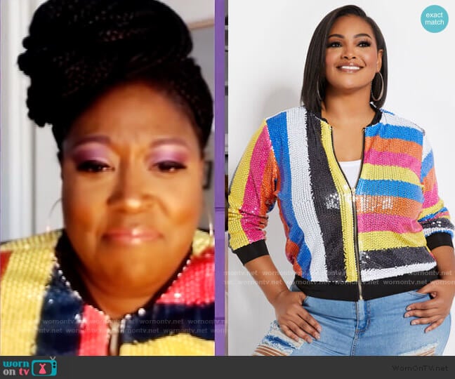 Sequined Bomber Jacket by Ashley Stewart worn by Loni Love on The Real