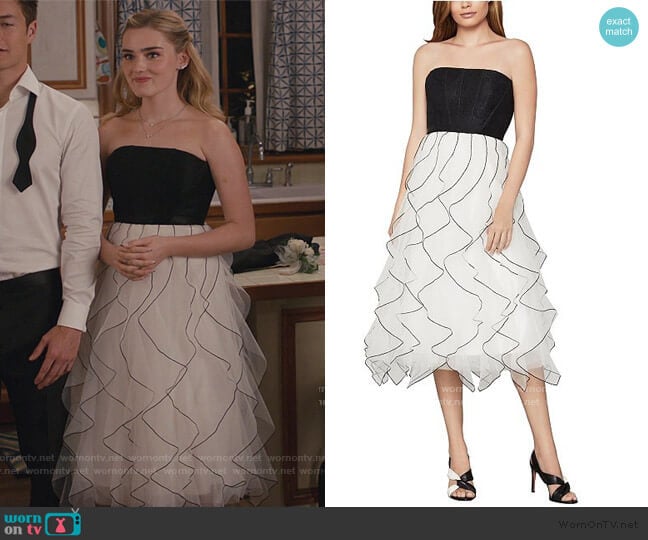 Taylor’s strapless ruffle dress on American Housewife