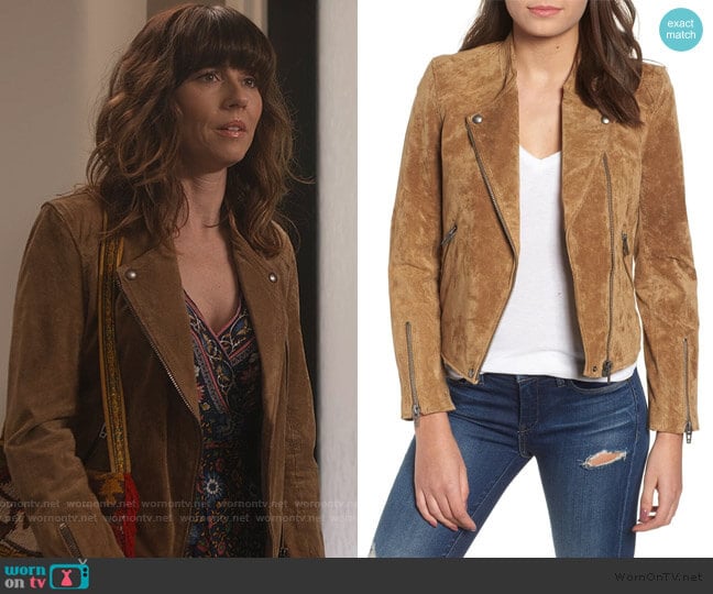 Suede Moto Jacket by BlankNYC worn by Judy Hale (Linda Cardellini) on Dead to Me