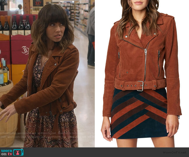 Corduroy Moto Jacket by BlankNYC worn by Judy Hale (Linda Cardellini) on Dead to Me