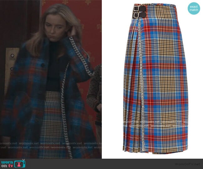 Loverboy pleated wool-tartan kilt skirt by Charles Jeffrey Loverboy worn by Villanelle (Jodie Comer) on Killing Eve