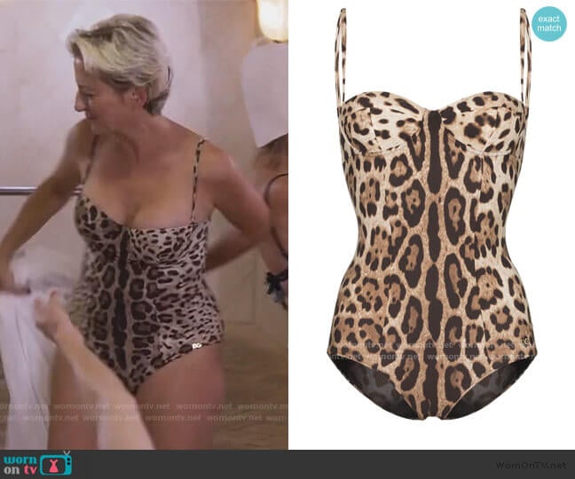 Leopard-Print Balconette One-Piece Swimsuit by Dolce & Gabbana worn by Dorinda Medley on The Real Housewives of New York City