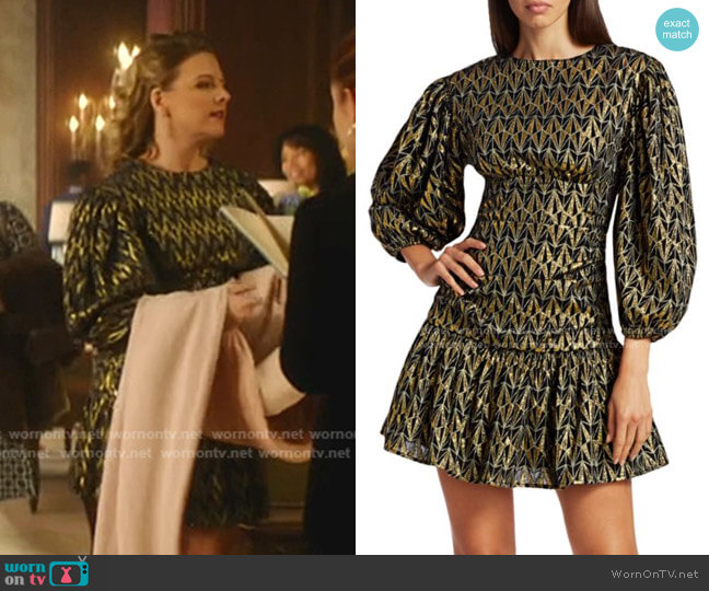 Amanda’s metallic puff sleeve dress on Katy Keene