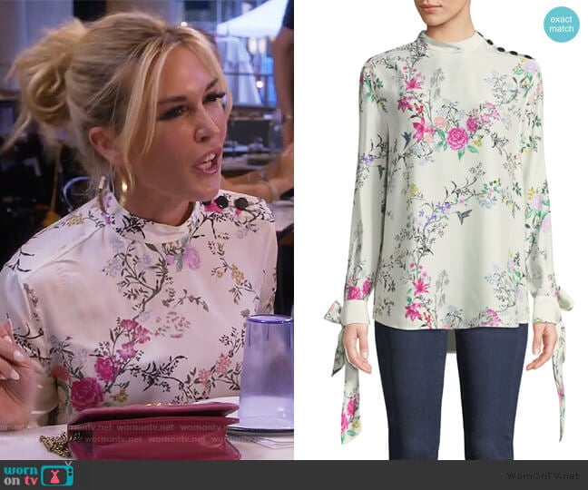 Avelaine Long-Sleeve Tie-Cuffs Floral-Print Blouse by Equipment worn by Tinsley Mortimer on The Real Housewives of New York City