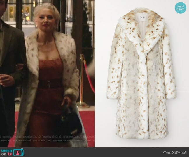 Snow Lynx Animal-Print Faux Fur Coat by Faz Not Fur worn by  Gloria Grandbilt (Katherine LaNasa) on Katy Keene