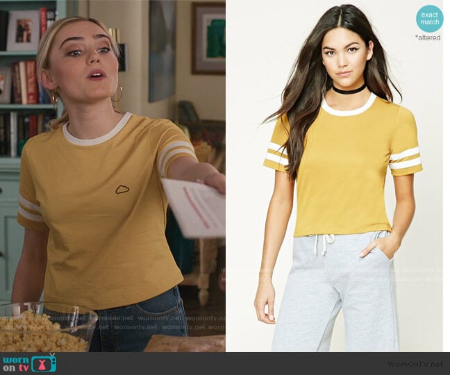 Yellow Slub Knit Varsity Stripe Tee by Forever 21 worn by Taylor Otto (Meg Donnelly) on American Housewife