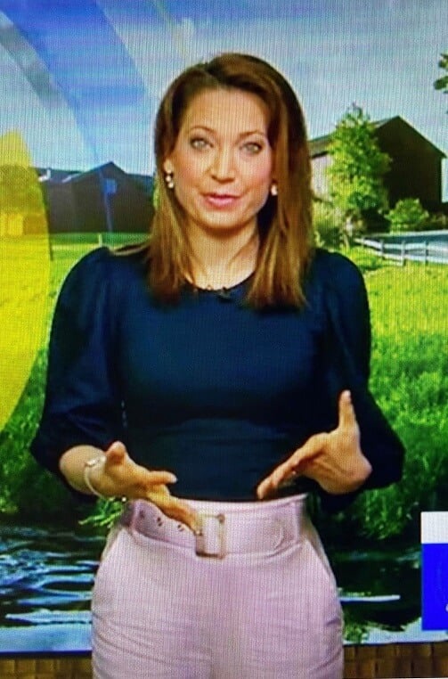 Ginger's navy puff sleeve top and pink belted pants on Good Morning America