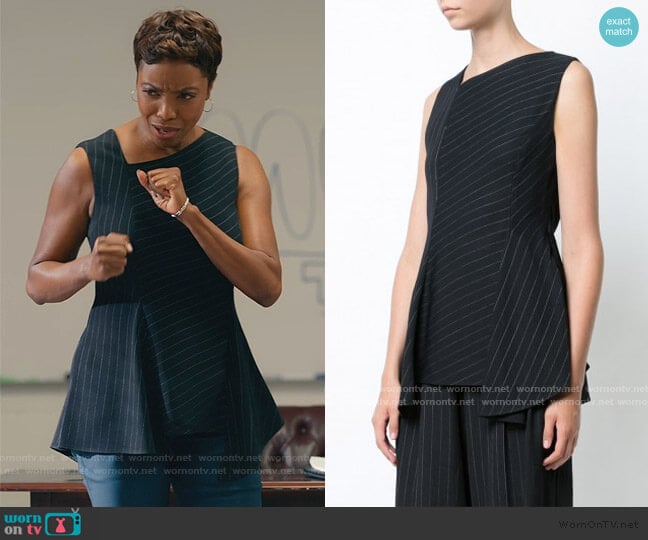 Black Pinstripe Asymmetric Top by Jason Wu worn by Helen Decatur (Heather Headley) on Sweet Magnolias