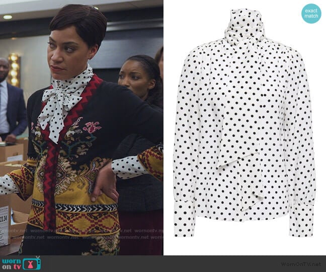 Tie-neck Polka-dot silk Blouse by Jason Wu worn by Lucca Quinn (Cush Jumbo) on The Good Fight