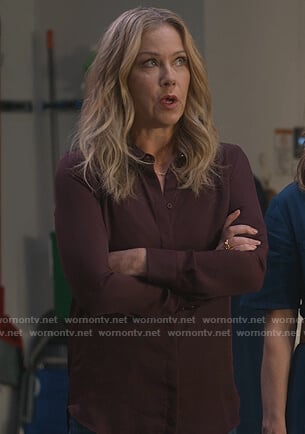 Jen’s burgundy blouse on Dead to Me