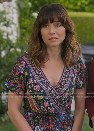 Judy's black floral wrap dress on Dead to Me