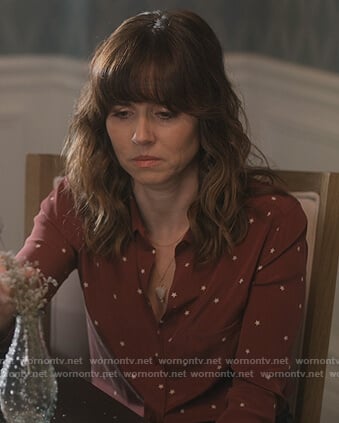 Judy’s red star print blouse on Dead to Me