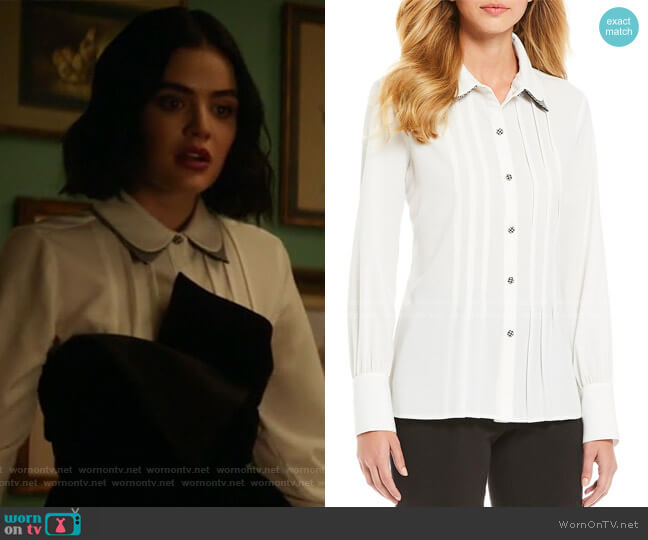 Georgette Double Collar Houndstooth Print Blouse by Karl Lagerfeld Paris worn by Katy Keene (Lucy Hale) on Katy Keene