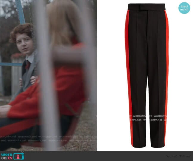 Side-stripe wool-twill trousers by Kwaidan Editions worn by Villanelle (Jodie Comer) on Killing Eve