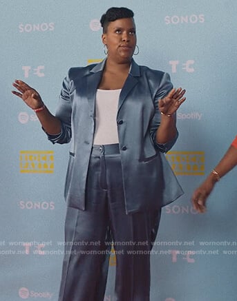 Kelli's blue satin blazer and pants on Insecure