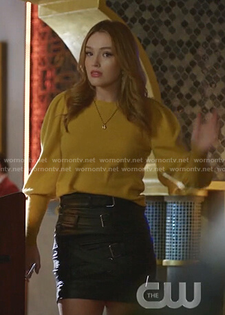 Kirby's yellow puff sleeve sweater and belted skirt on Dynasty