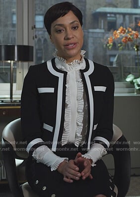 Lucca’s black button detail skirt and blazer on The Good Fight