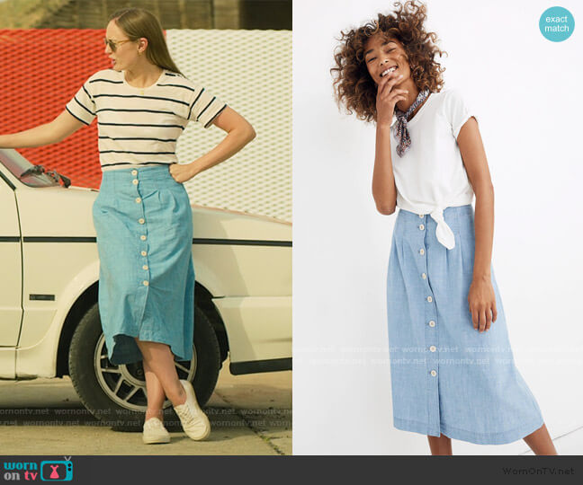 Chambray Patio Button-Front Midi Skirt by Madewell worn by Zoe Walker (Laura Haddock) on White Lines