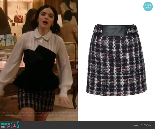 Jisido Faux Leather Detail Tweed Miniskirt by Maje worn by Katy Keene (Lucy Hale) on Katy Keene