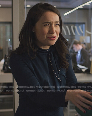 Marissa’s navy embellished tie neck dress on The Good Fight