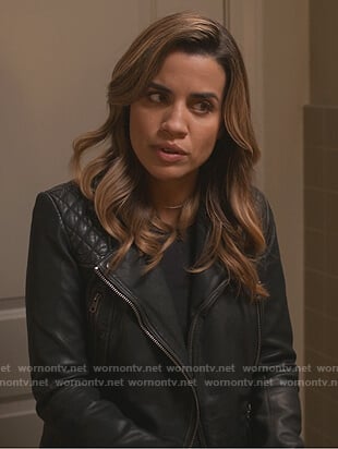 Michelle's black quilted leather moto jacket on Dead to Me