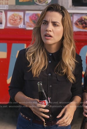 Michelle’s black silk blouse on Dead to Me