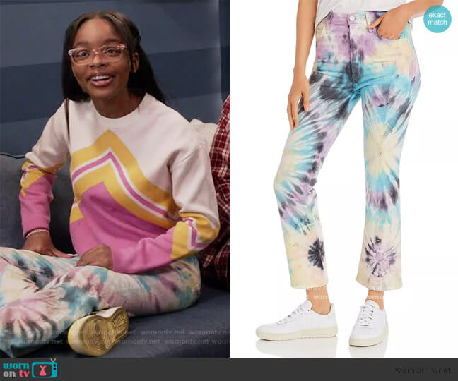 The Tripper Tie-Dye Kick Flare Jeans in Swirling Secrets by Mother worn by Diane Johnson (Marsai Martin) on Black-ish