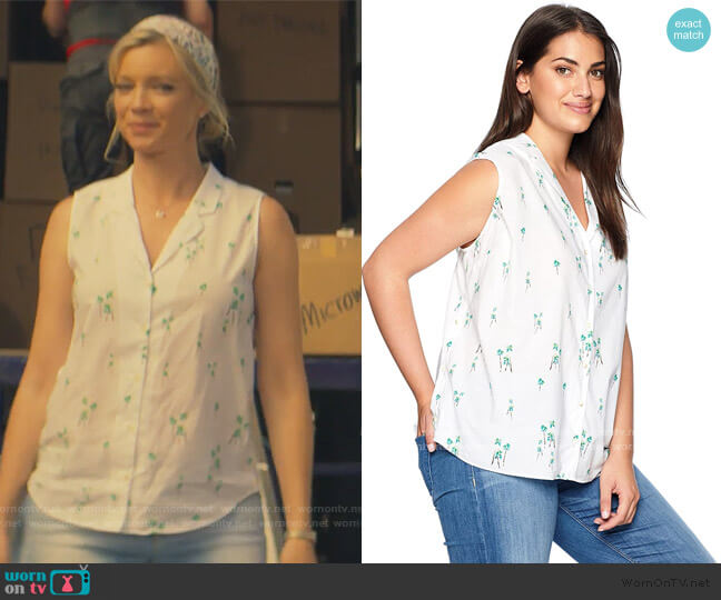 Button Detail Top in Three Palms Optic White by NYDJ worn by Barbara Whitmore (Amy Smart) on Stargirl