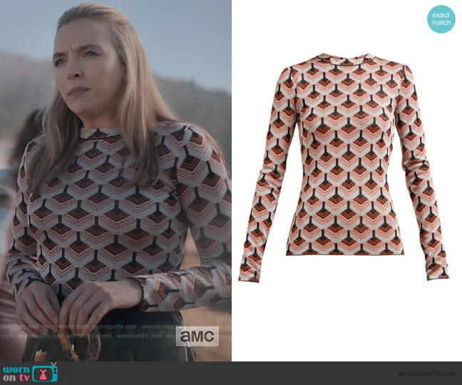 Geometric metallic-jacquard top by Paco Rabanne worn by Villanelle (Jodie Comer) on Killing Eve