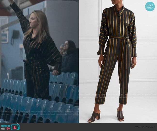 Striped Metallic Jacquard Jumpsuit by Palmer Harding worn by Villanelle (Jodie Comer) on Killing Eve