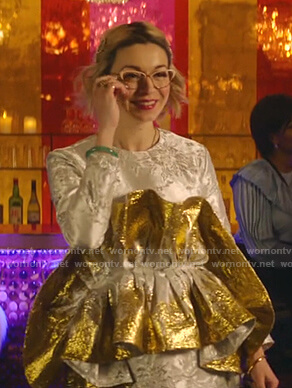 Pepper's metallic ruffle dress on Katy Keene
