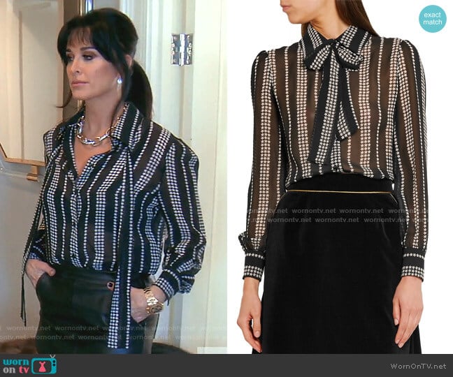 Pussy-bow Printed Silk-georgette Shirt by Saint Laurent worn by Kyle Richards on The Real Housewives of Beverly Hills