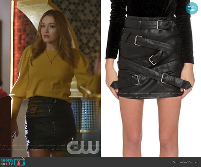 Buckle-Front Faux Leather Mini Skirt by Redemption worn by Kirby Anders (Maddison Brown) on Dynasty