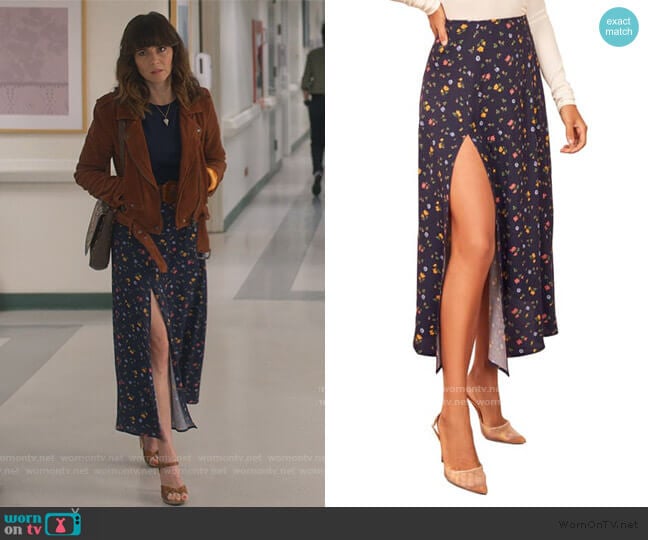 Zoe Split Skirt in Cecile by Reformation worn by Judy Hale (Linda Cardellini) on Dead to Me