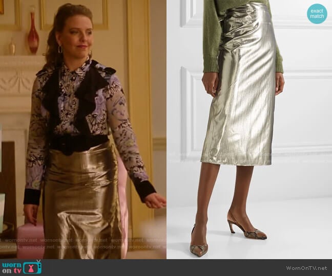 Mina Lame Skirt by Rejina Pyo worn by Amanda (Helene Yorke) on Katy Keene