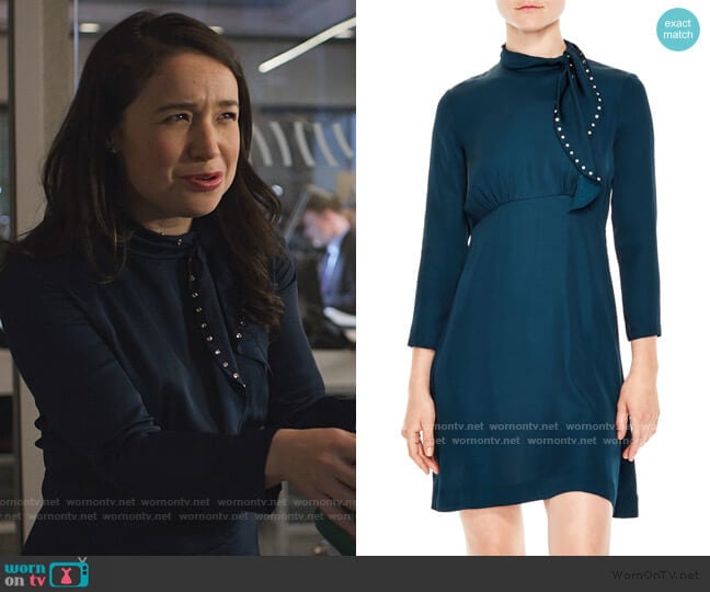 Embellished Tie Neck Dress by Saloni worn by Marissa Gold (Sarah Steele) on The Good Fight