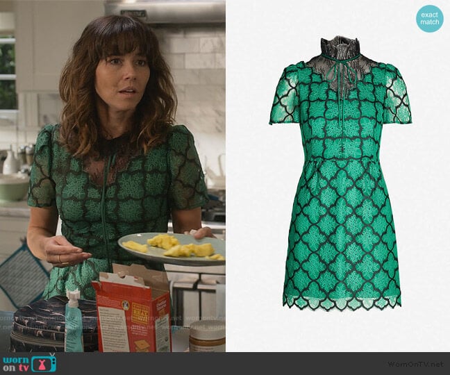 Ritta contrast-panel floral-lace dress by Sandro worn by Judy Hale (Linda Cardellini) on Dead to Me