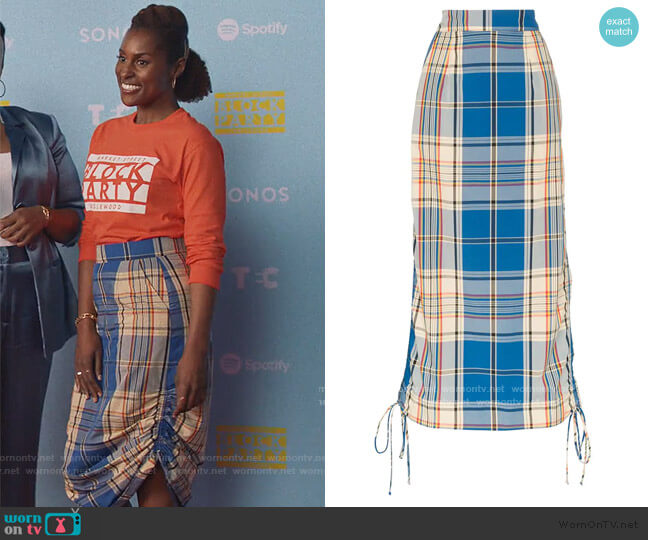 High-Waisted Check Midi Skirt by Simon Miller worn by Issa Dee (Issa Rae) on Insecure