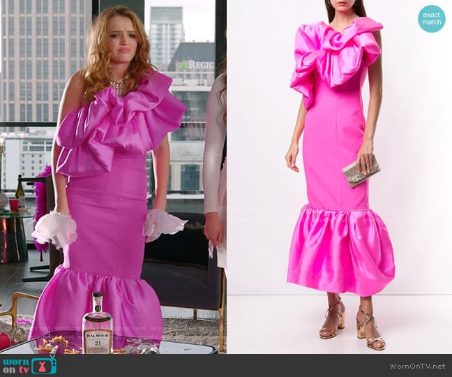 One-Shoulder Ruffle-Trimmed Dress by Solace London worn by Kirby Anders (Maddison Brown) on Dynasty