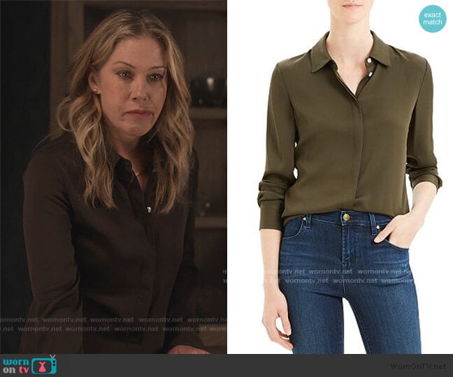 Classic Silk-Stretch Fitted Shirt by Theory worn by Jen Harding (Christina Applegate) on Dead to Me