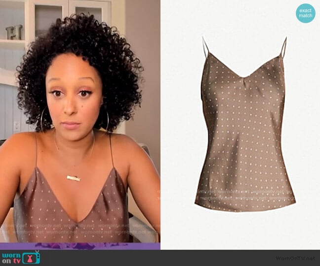 Polka-dot sleeveless silk top by Theory worn by Tamera Mowry on The Real