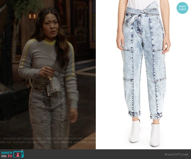 Storm Tie Waist Tapered Acid Wash Jeans by Ulla Johnson worn by Mary Hamilton (Nicole Kang) on Batwoman