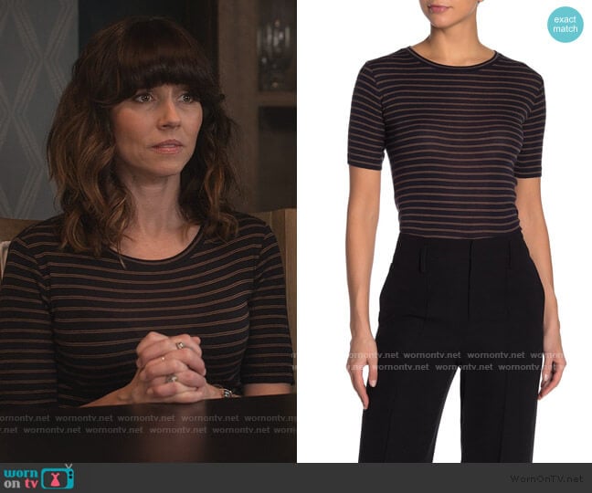 Crew Neck Micro Double Stripe Print T-Shirt by Vince worn by Judy Hale (Linda Cardellini) on Dead to Me