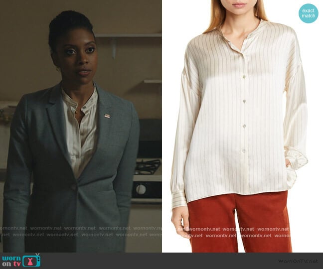 PJ Stripe Silk Blouse by Vince worn by Kate Sacker (Condola Rashad) on Billions