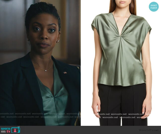 Twist Detail Short Sleeve Silk Blouse by Vince worn by Kate Sacker (Condola Rashad) on Billions