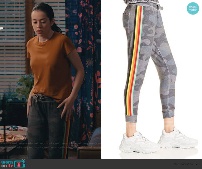 Rainbow-Stripe Camo Jogger Pants by Vintage Havana worn by Annie Sullivan (Anneliese Judge) on Sweet Magnolias