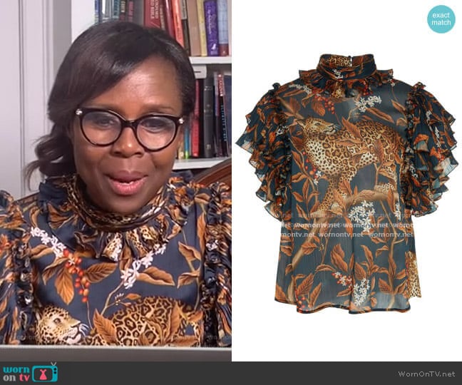 Absurd Beauty Ruffled Printed Chiffon Top by Johanna Ortiz worn by Deborah Roberts on Good Morning America