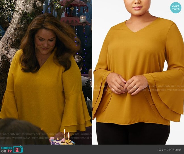 Plus Bell-Sleeve Blouse by Alfani worn by Katie Otto (Katy Mixon) on American Housewife