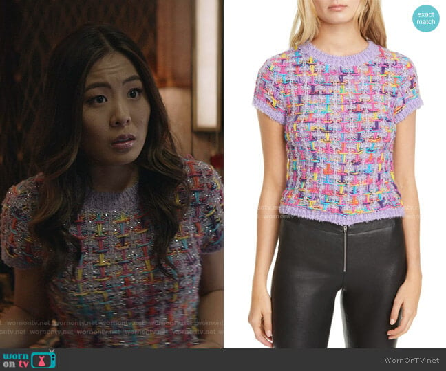 Ciara Metallic Tweed Short Sleeve Crop Sweater by Alice + Olivia worn by Mary Hamilton (Nicole Kang) on Batwoman